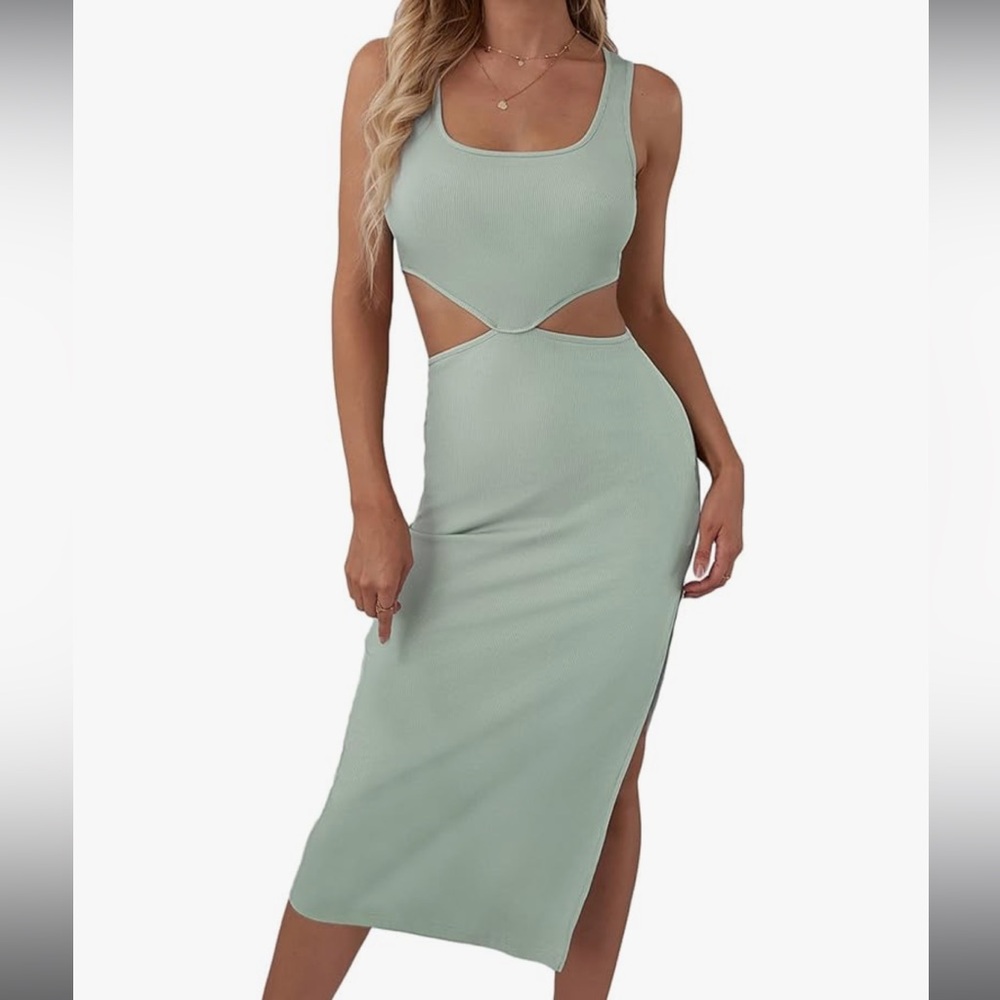 Women’s Cut Out Waist Side Slit Midi Bodycon Dress